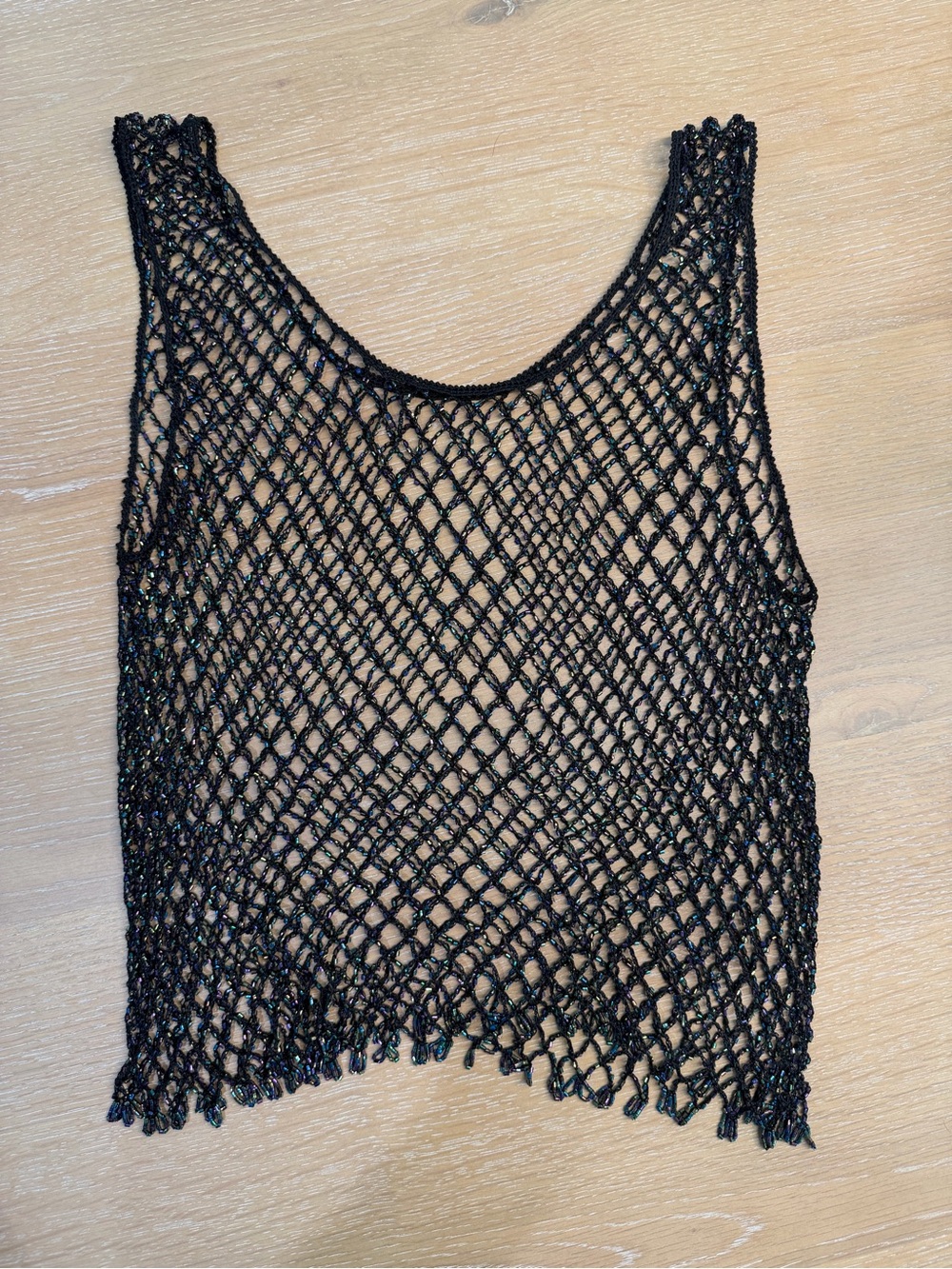 Vintage 90s Y2K Iridescent Beaded Crochet Fishnet Mesh Tank Top OS